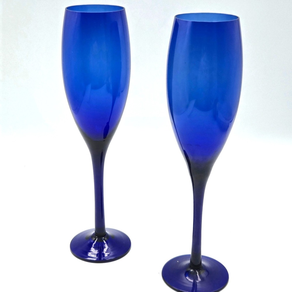 Vintage Libbey Cobalt Blue Glass Champagne Flutes Barware, Set of 2